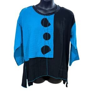 Xiao Lagenlook Art to Wear Blue Black Loose Fit Top Size Large